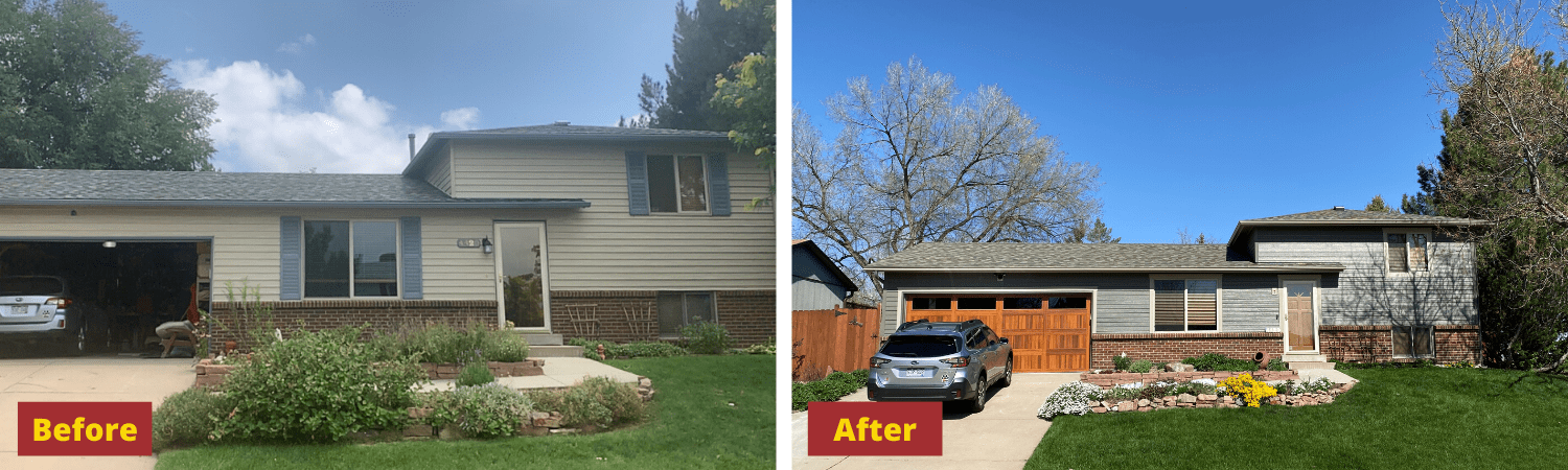 Denver area before and after with new roof, siding, garage door and gutter repairs
