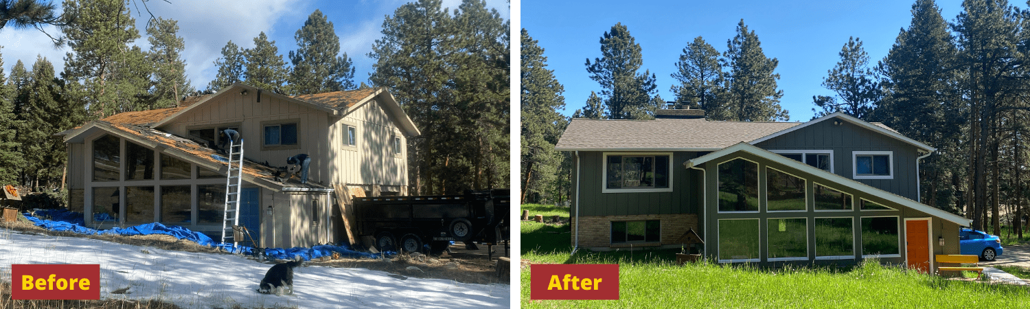 Before and after Image of exterior renovation in Evergreen, Co